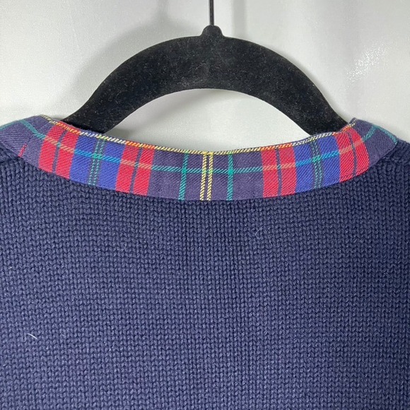 Vintage Charter Club Cotton Cardigan L Navy Blue Plaid Trim Gold Buttons Preppy - Picture 8 of 11